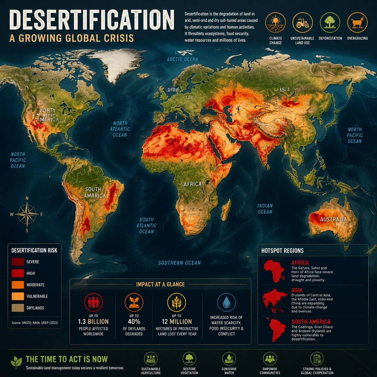  a global map highlighting desertification hotspots in Africa, Asia, and South America with red highlighting