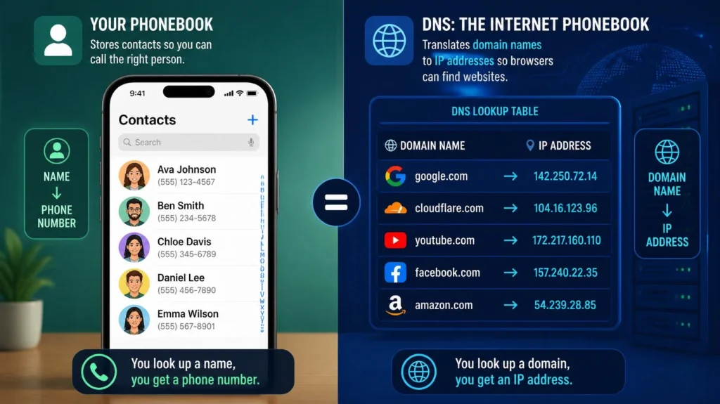 image illustrating the phonebook analogy comparing a contacts app to DNS translation.