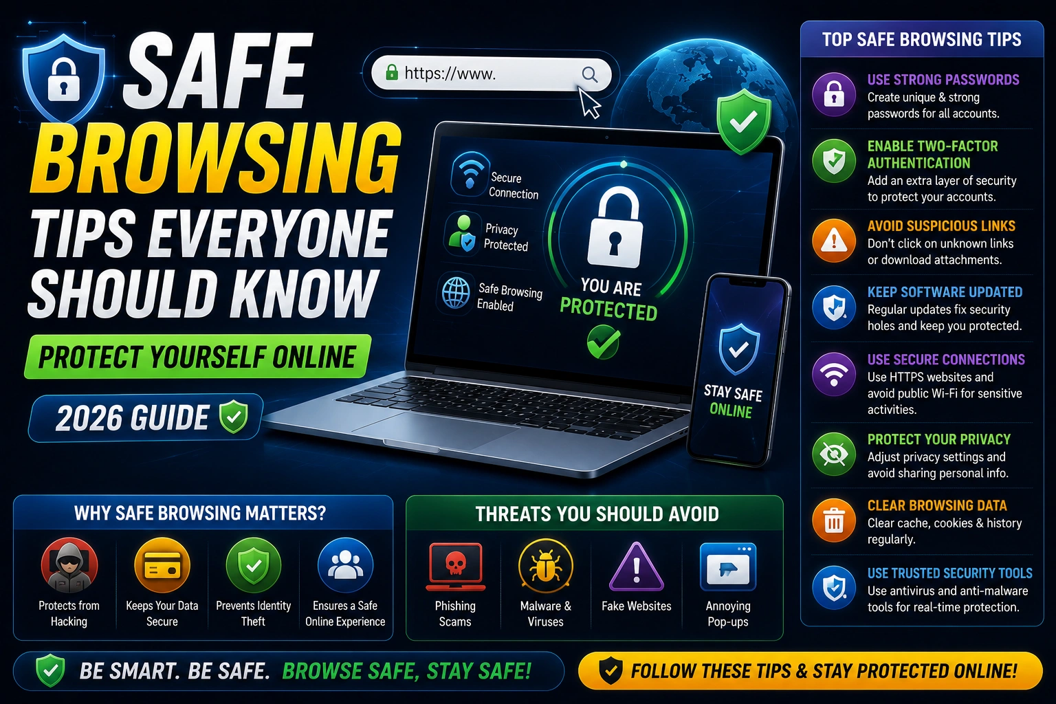 Safe browsing tips infographic explaining online security best practices, strong passwords, HTTPS websites, phishing protection, malware prevention, secure browsing habits, privacy settings, and cybersecurity tips for staying safe online in 2026.