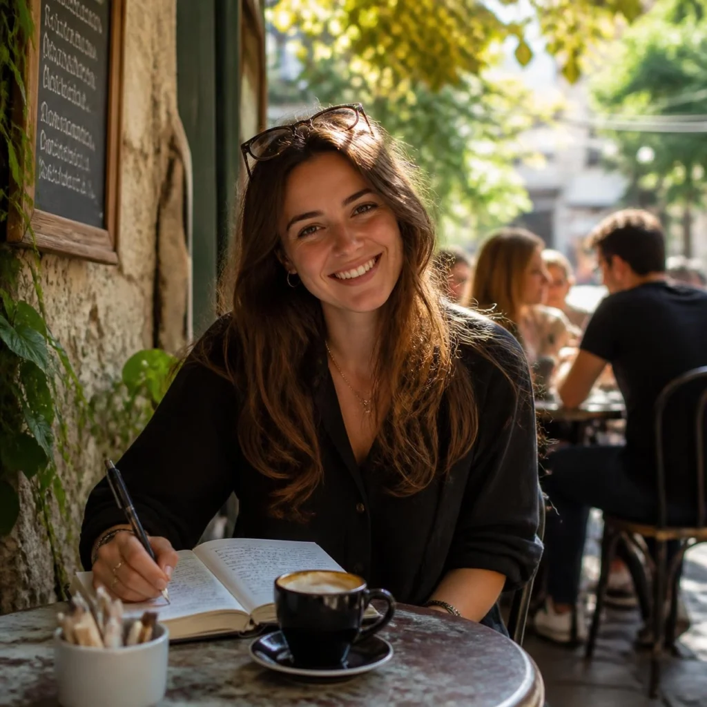 image of a solo traveler enjoying their own company at a café with a journal, capturing that sense of contentment and openness to new connections