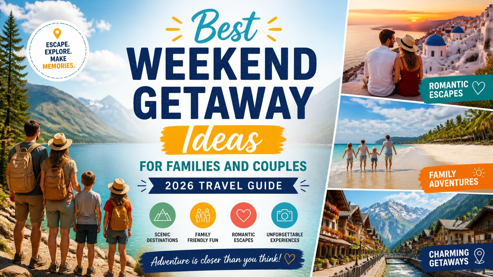 Best weekend getaway ideas for families and couples featuring beaches, mountains, lakes, road trips, and romantic destinations