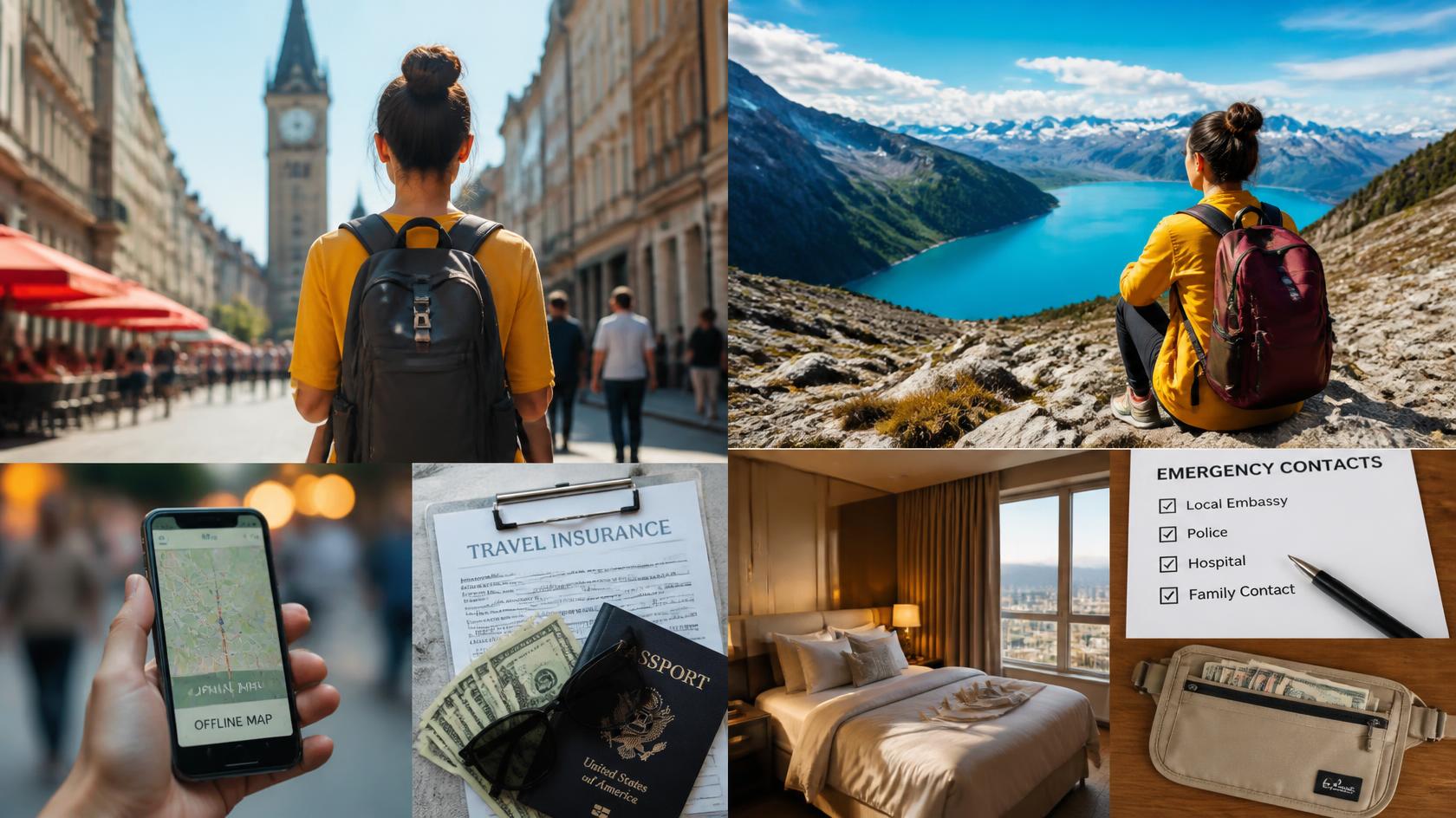 Top 10 solo travel safety tips for first-time travelers including travel planning, secure accommodation, emergency contacts, and safe transportation